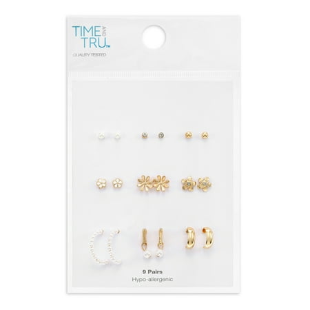 Time and Tru Womens Gold Mini Stud and Hoop Earring Collection, Flower Motif, 9 Pairs