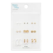 Time and Tru Womens Gold Mini Stud and Hoop Earring Collection, Flower Motif, 9 Pairs