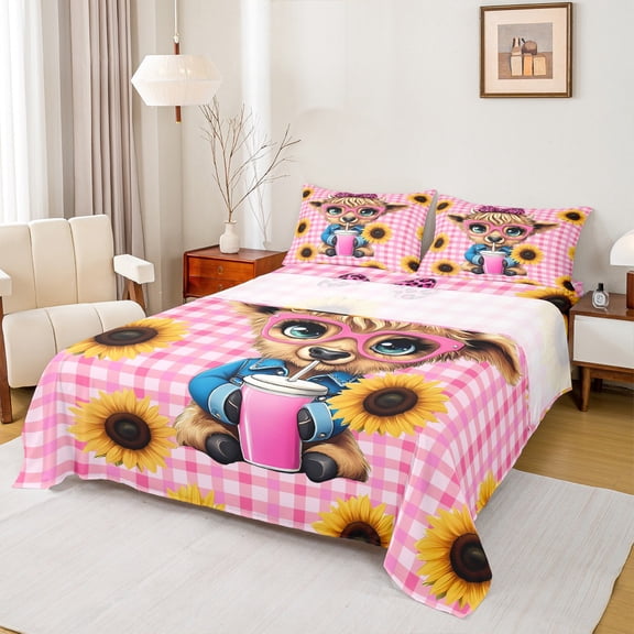 Manfei Cartoon Highland Cow Twin Sheet Sets 3pcs for Preppy Child,Geometric Plaid Grid Twin Fitted Sheet Microfiber,Farmhouse Sunflower Animal Breathable Flat Sheet,Lightweight Room Decor