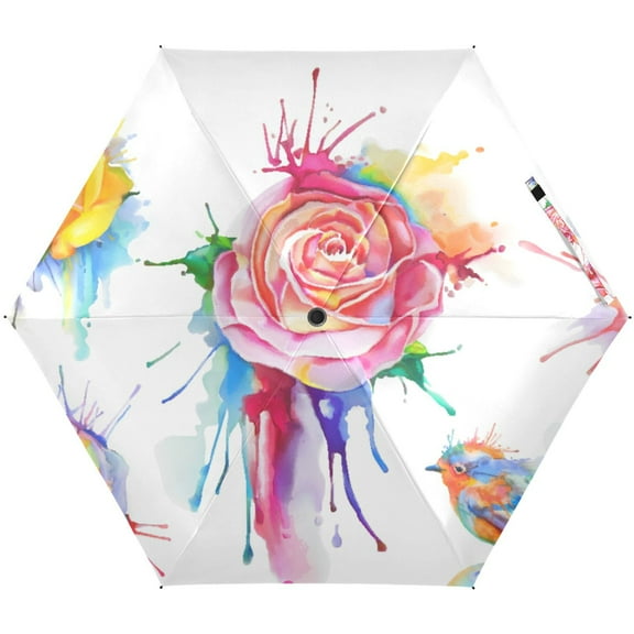 JSTEL Red & Yellow Rose Flowers Floral Folding Umbrella for Rain Sun Travel Mini Lightweight Compact Umbrellas