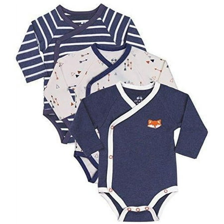 UPC: 0750783834308 | Baby Boy 3-Pack Long-Sleeve Kimono Bodysuit Set Infant Boy Bundle includes Blue Fox Onesie Arrow Bodysuit and Navy-Striped Outfit.