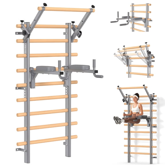 LNOW Swedish Ladder Stall Bar, Wall Mount Home Gym with Adjustable Gymnastics Pull-up Bar & Dip Station for Kids & Adults, 350lbs