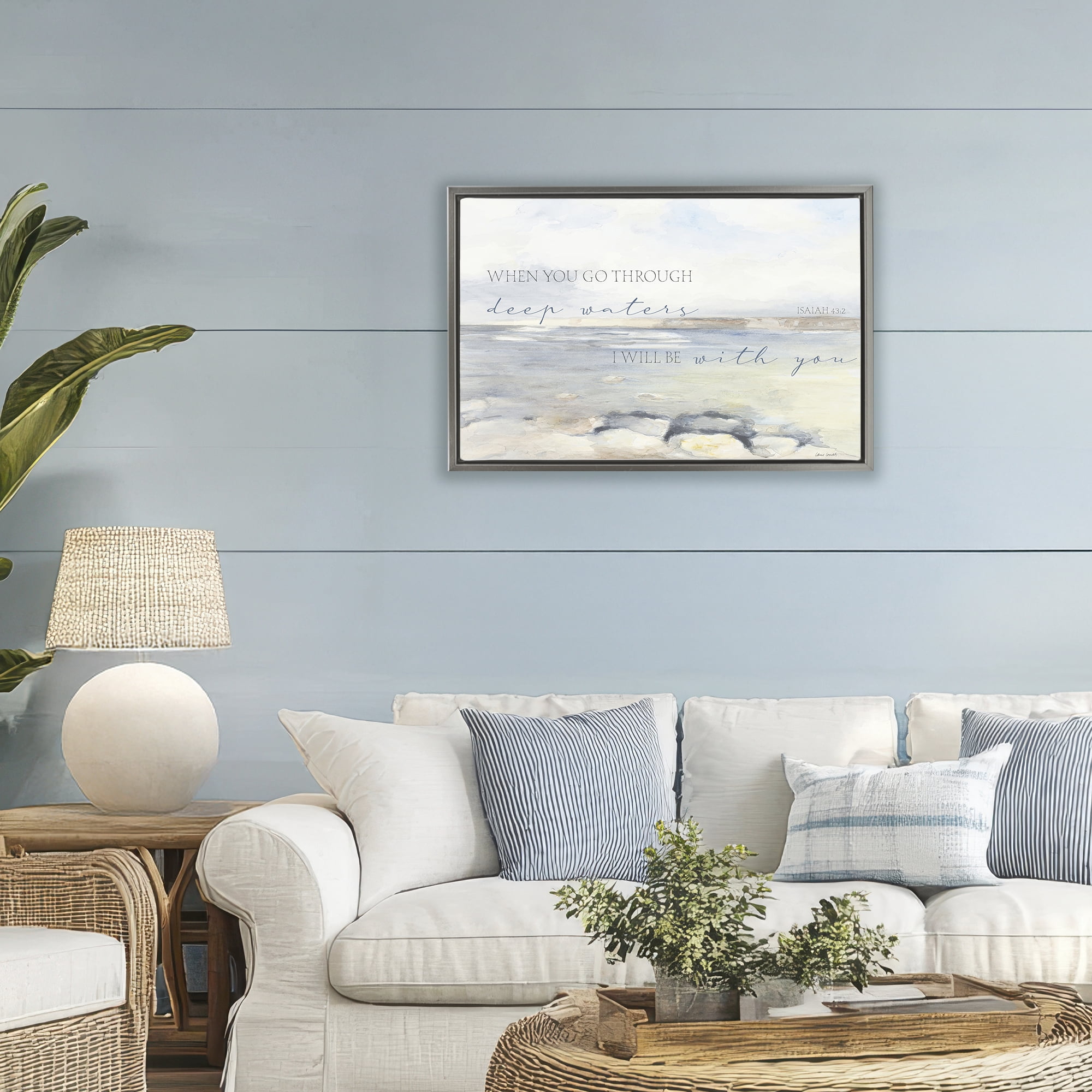 Stupell Industries Deep Waters Isaiah 43:2 Gray Framed Floater Canvas Wall Art, design by Lanie Loreth