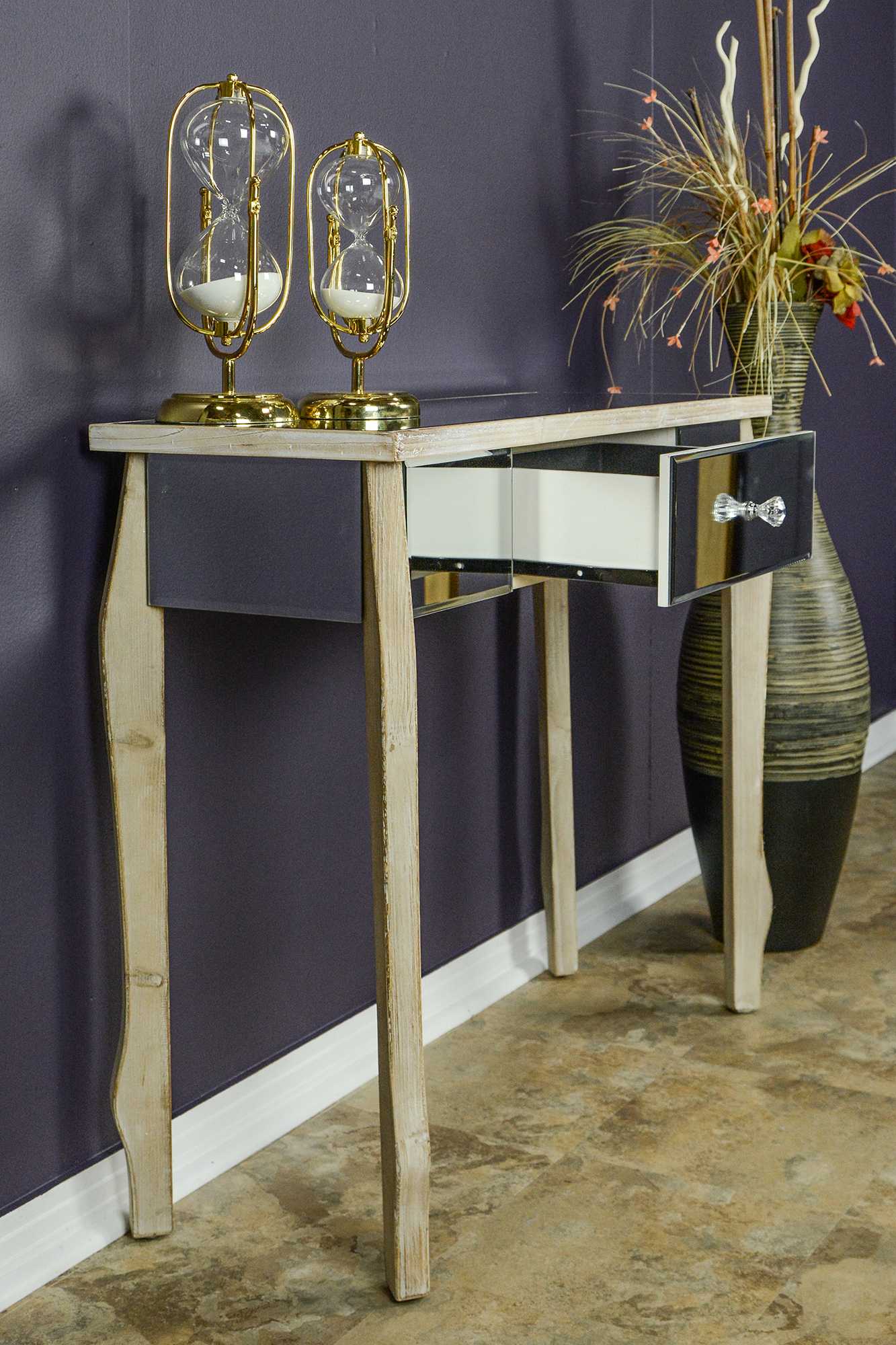 31' White Washed Console Table with a Mirrored Glass Top and a Drawer