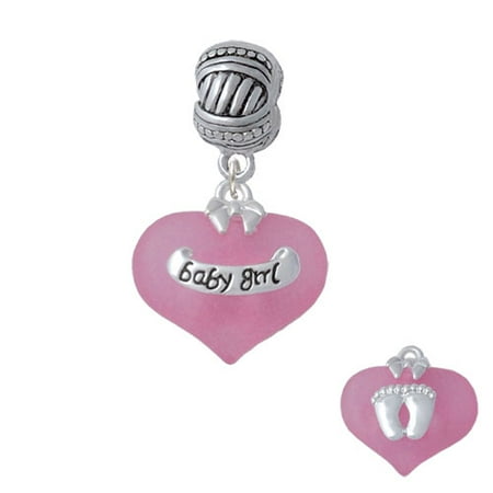 Baby Girl Pink Heart with Baby Feet - Large Rope with Cross Beads Charm Bead