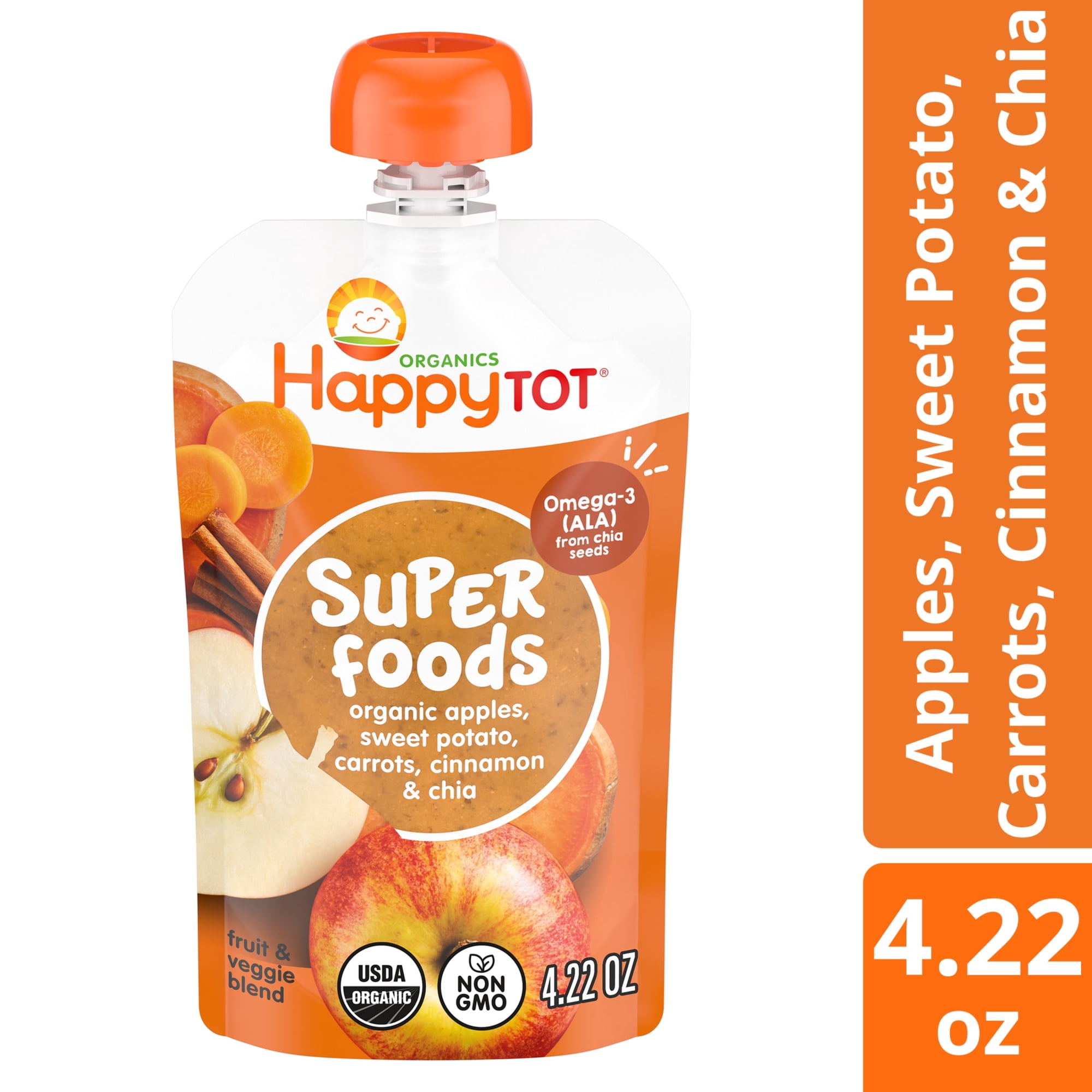 Happy Tot Organics Super Foods Stage 4, Apples Sweet Potatoes Carrots Cinnamon & Chia, Organic Tot Food, 4.22 oz. Pouch