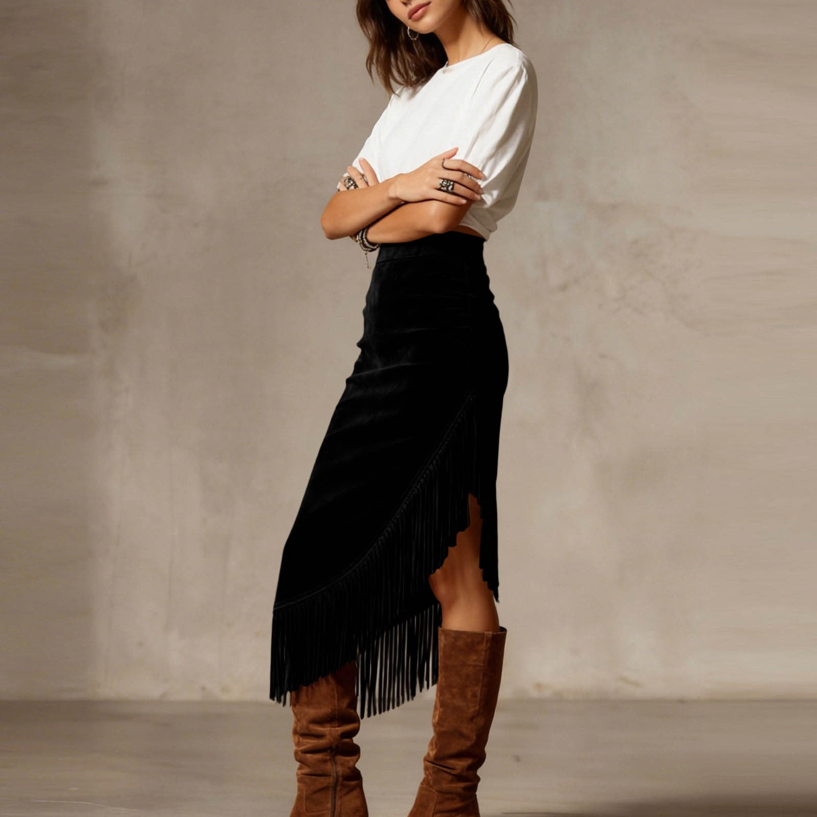 Women's Fringe Suede Maxi Skirt Western Style Asymmetric Ruched Bodycon Side Slid Cowgirl Tassel Long Skirts
