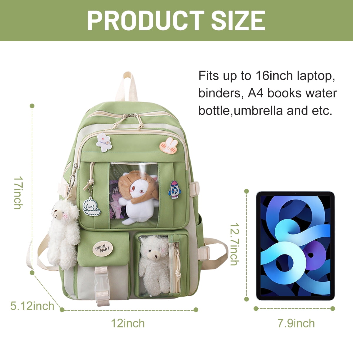 Sanmadrola 5PCS School Backpacks Cute Plush Bear Backpack Set with Pendants and Pins Accessories Kawaii Laptop Bag School Bags, Green