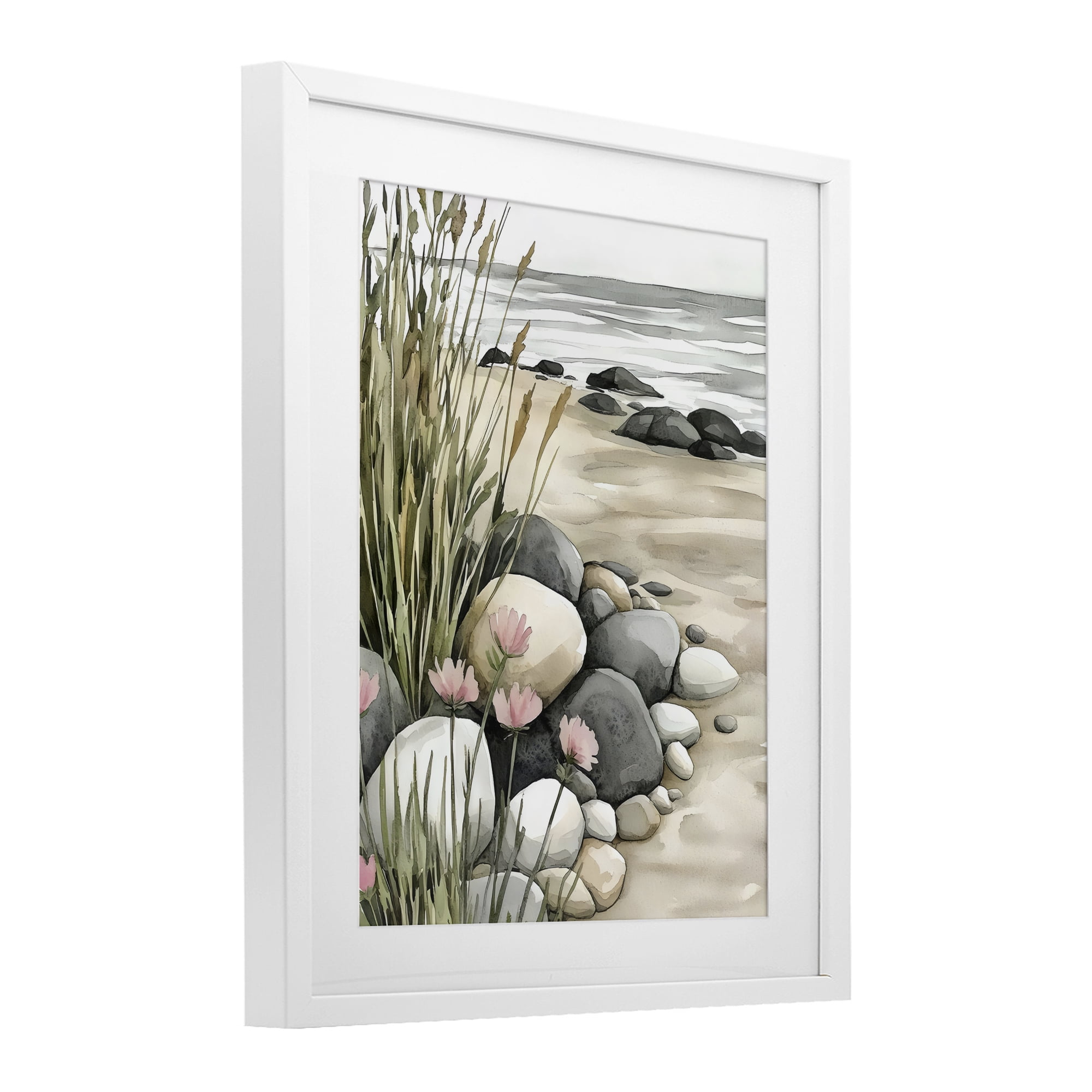 Stupell Industries Coastal Calm Pebbles White Framed Print Under Glass, design by Riley B