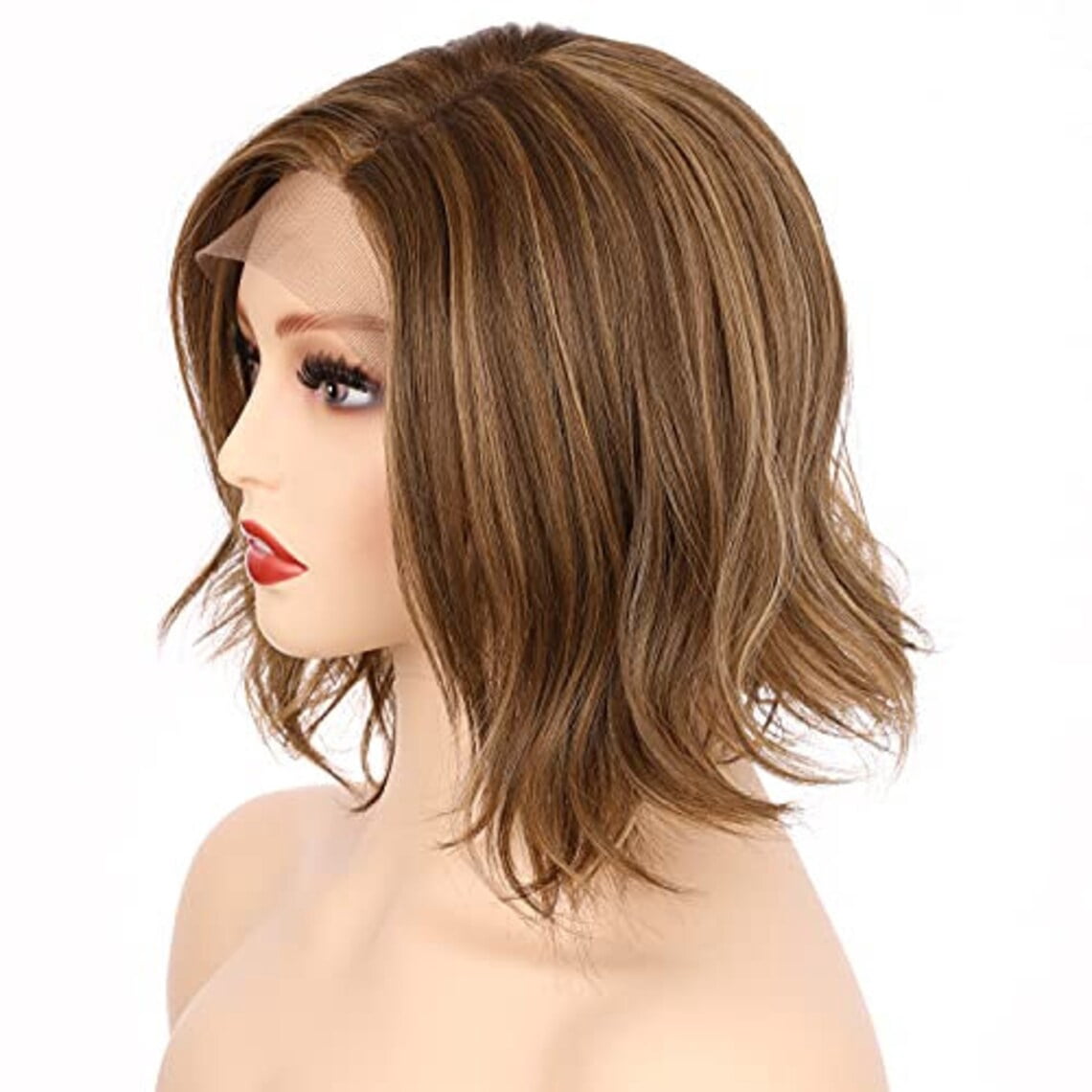 Onedor 10 Inch Side Part Lace Front Short Wavy Hair Bob Wigs for Women (Light Brown Evenly Blended with Dark Natural Blonde)