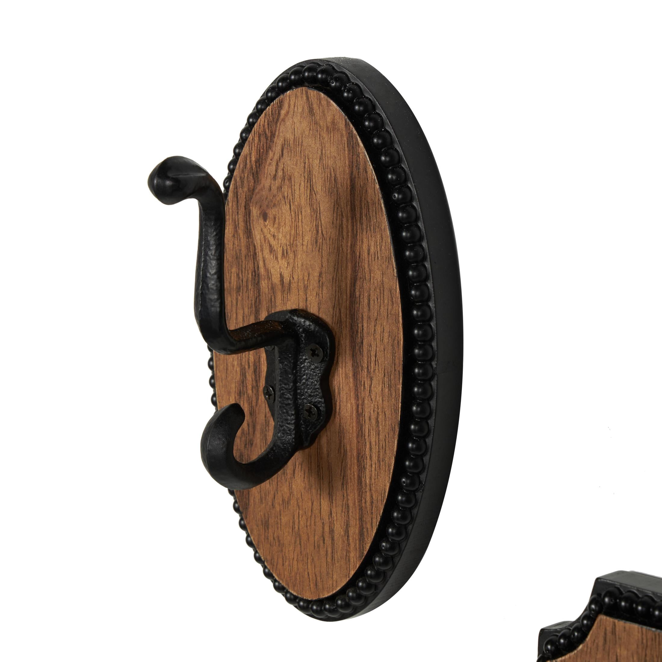 DecMode 4"W, 7"H Brown Wooden Vintage Inspired Geometric Wall Hook with Black Beaded Frames, 4-Pieces