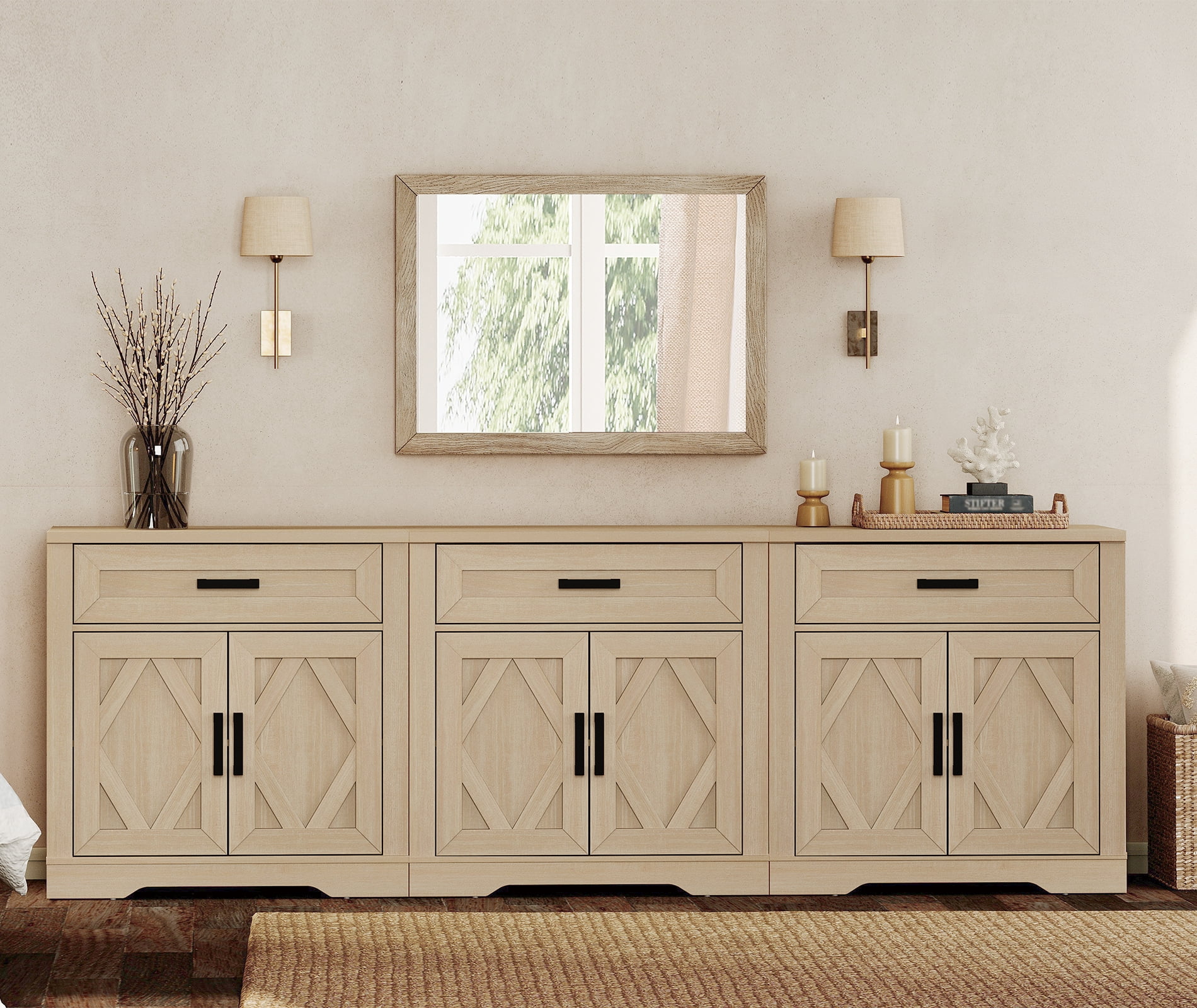WAMPAT 94.5"W Farmhouse Buffet Sideboard with Barn Doors, Drawer & Storage, Beige