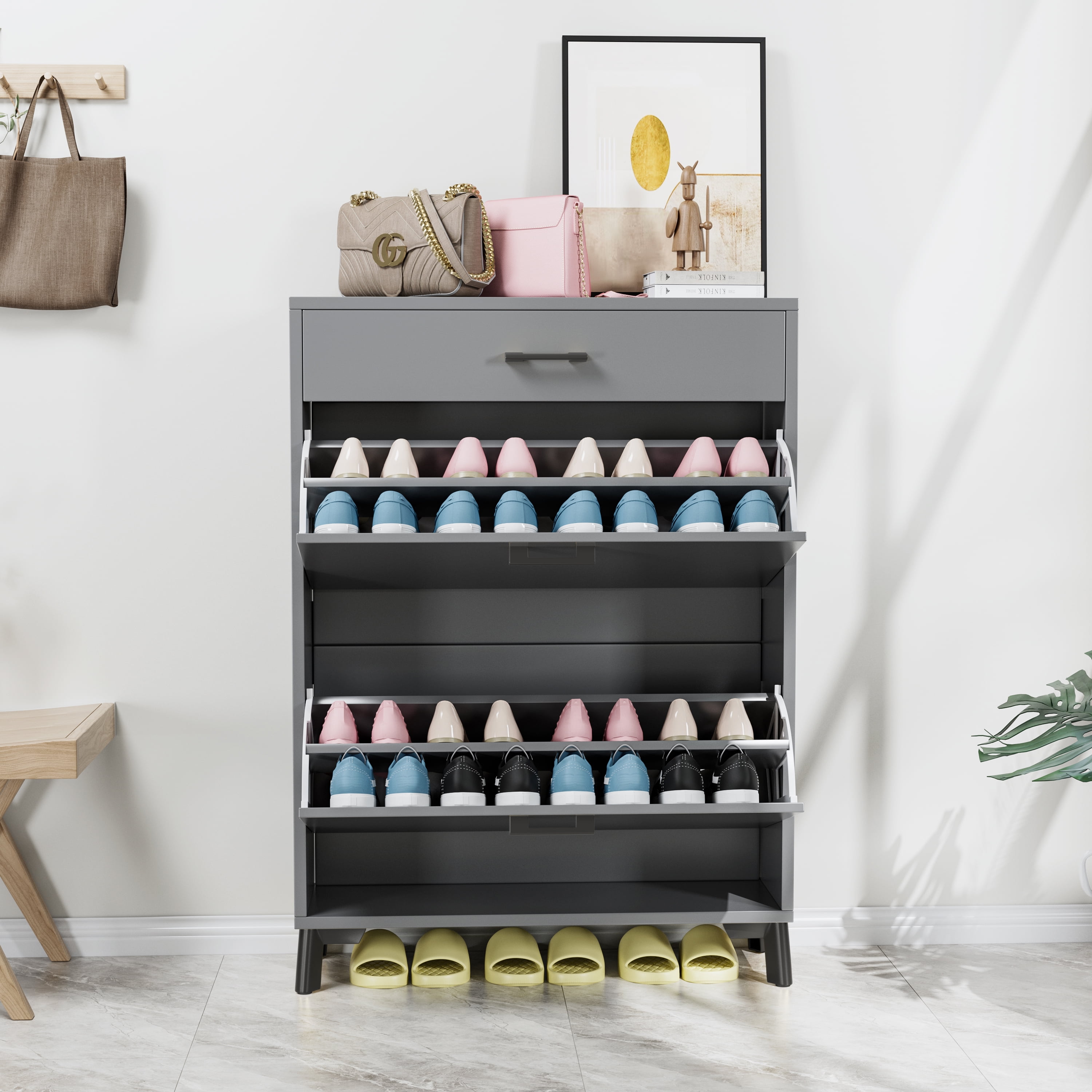 Space Saving Gray Shoe Storage Cabinet with 2 Flip Drawers, Ample Storage, Sturdy MDF & Metal Construction Space Saving, Gray - Easy to Assemble, Shoe Storage Cabinet for Doorway Hallway Entryway