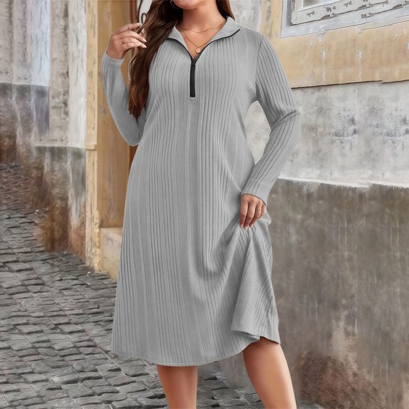 ClodeEU Women's Plus Size Long Sleeve Lapel Neck Half Zip Dress,Casual Trendy Loose Dress Gray,Womens Plus XXXXXL