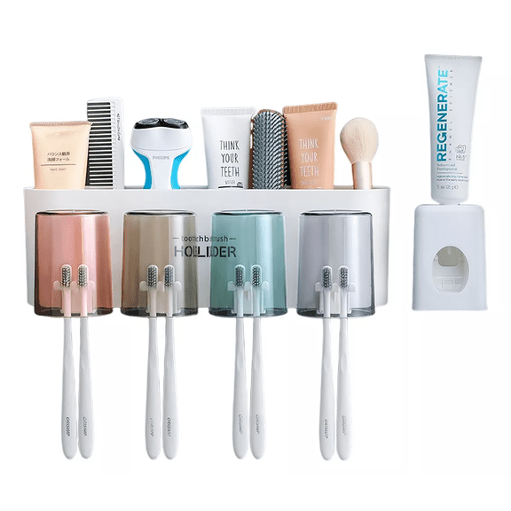 Porta Cepillo De Pared Dispensadorde Pasta Dental Con4 Vasos blanco