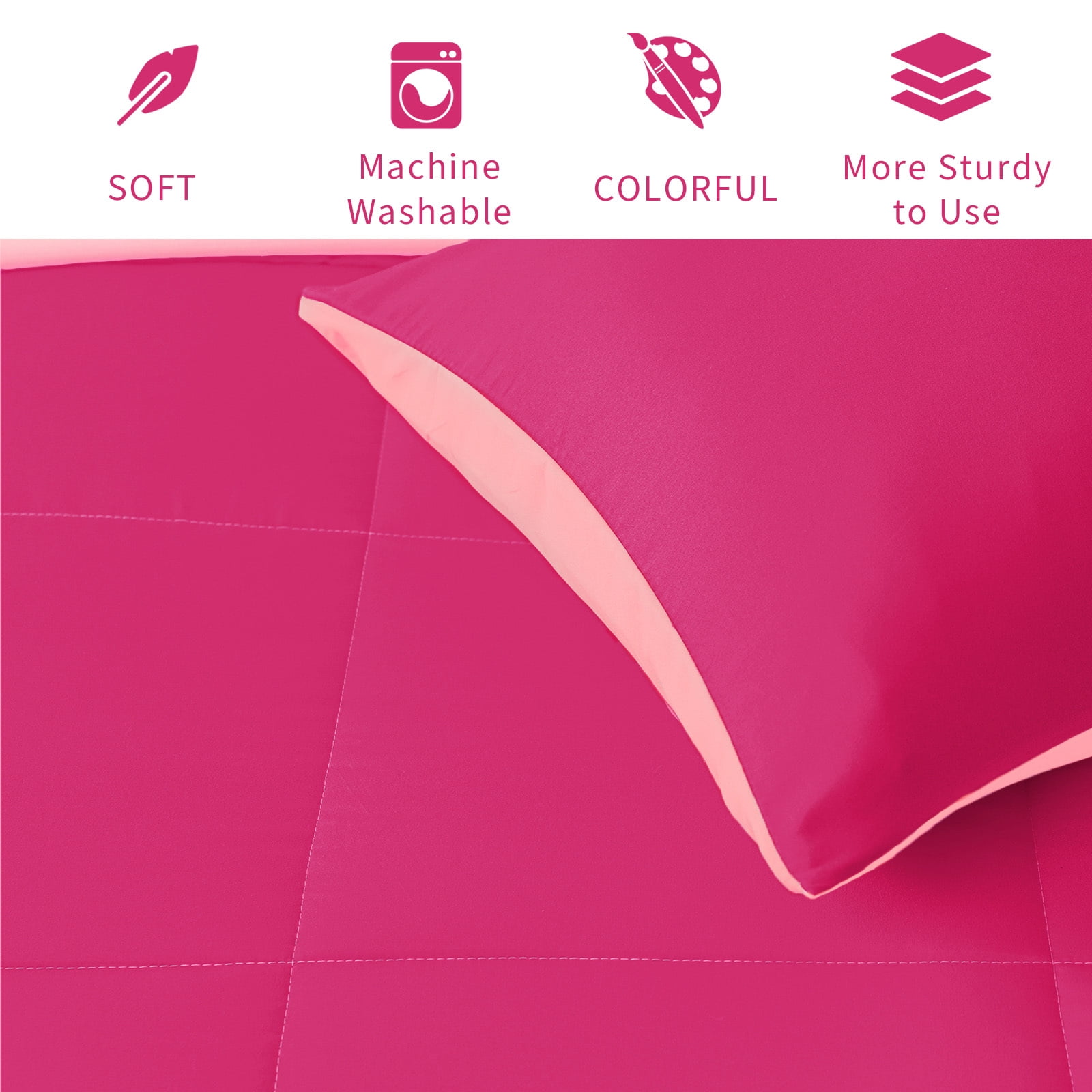 Exclusivo Mezcla Lightweight Reversible 3-Piece Comforter Set All Seasons, Down Alternative Comforter with 2 Pillow Shams, Queen Size, Hot Pink/Blush Pink