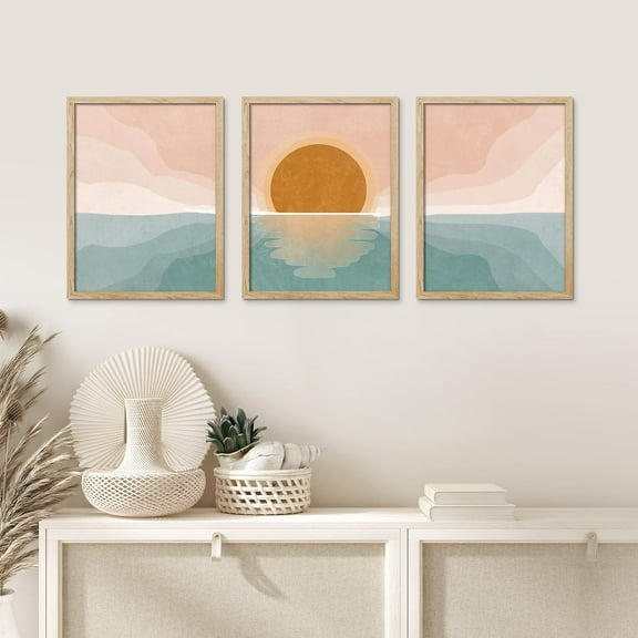 PixonSign Framed Canvas Print Wall Art Set - Pastel Ocean Sunshine Sunset Horizon Art - Set of 3 Nature Wilderness Landscape Wall Décor for Living Room, Bedroom - 12"x16"x3 Panels Natural