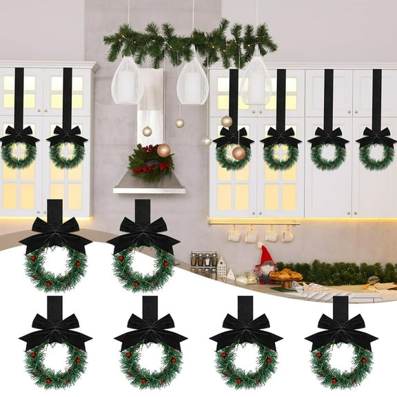 BinKFF 6/12 Pcs Christmas Kitchen Cabinet Wreaths with Ribbon 5.12 Inch Mini Christmas Wreath Small Kitchen Xmas Decor for Window Door(Green,Classic Style)