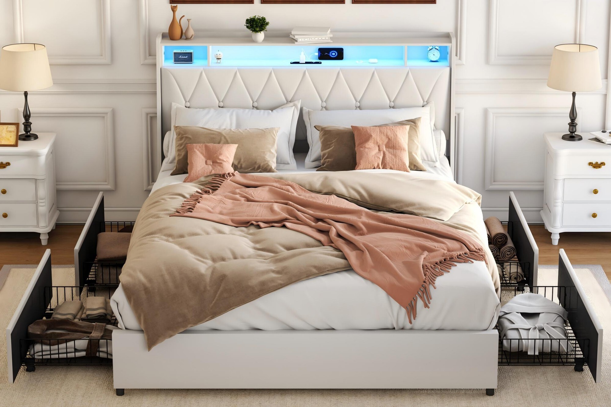 AENKYO Queen Size Bed Frame with LED Lights, Upholstered Storage Headboard & 4 Drawers, and Built-in Charging Station, Beige