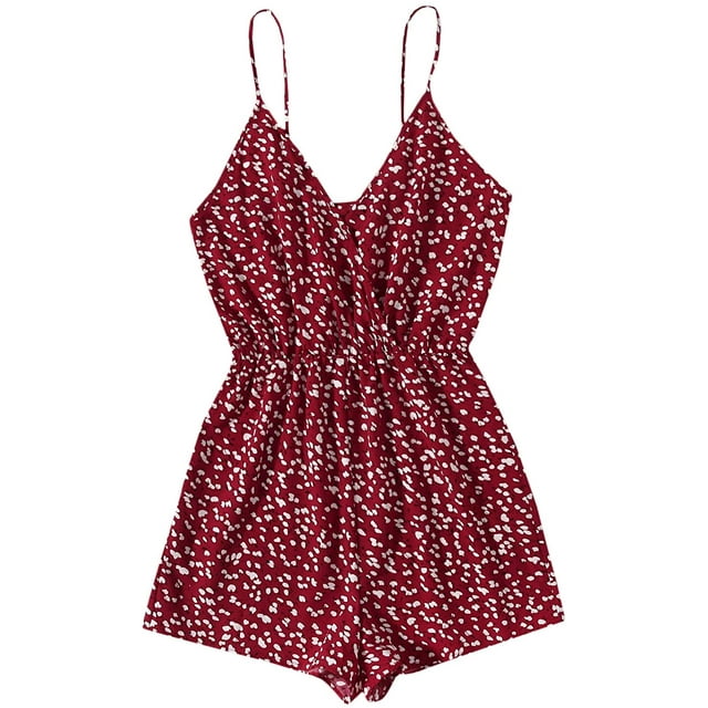 Women's Leopard Print Wrap Spaghetti Strap Romper Cami Jumpsuit