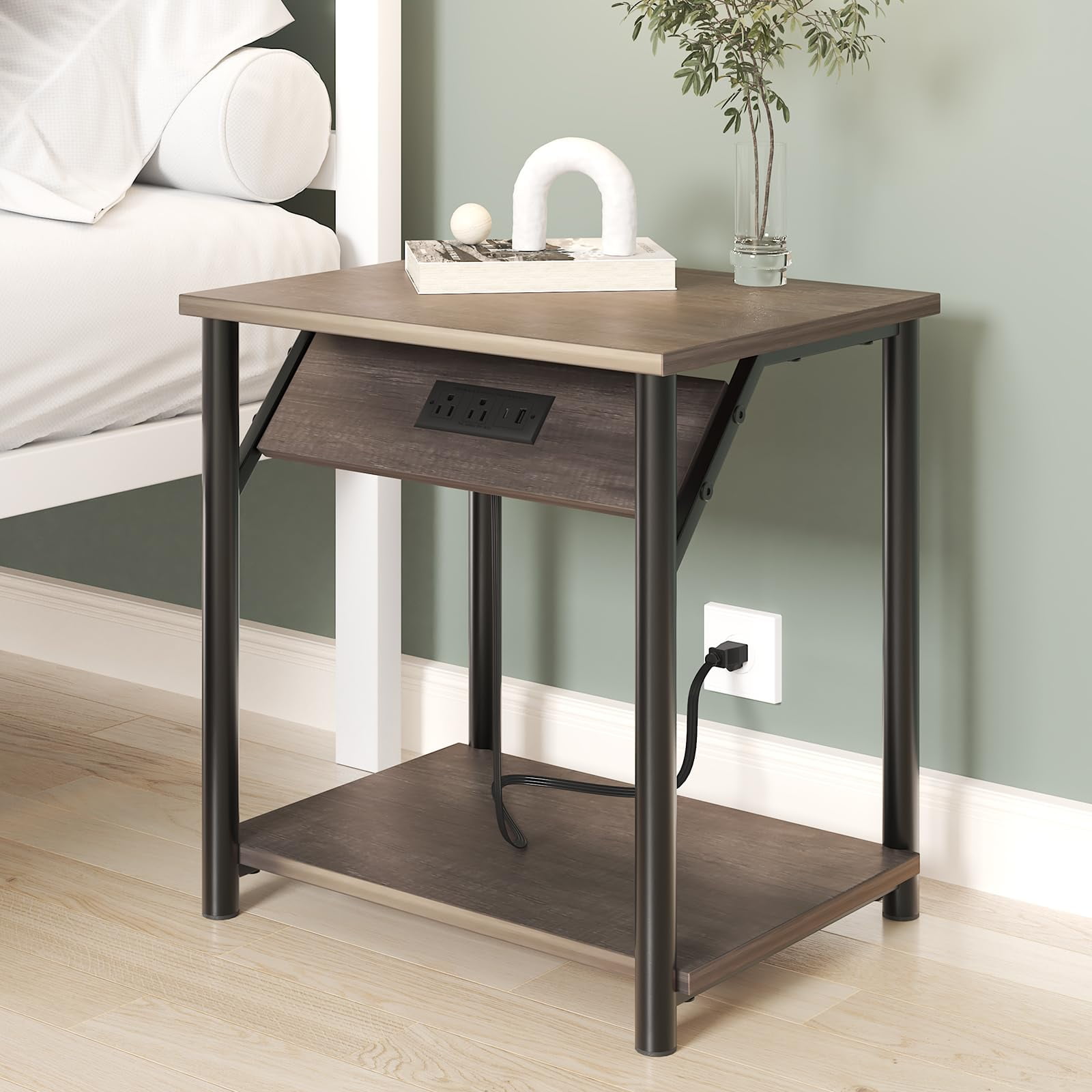 LoVinson Nightstand with Charging Station for Bedroom, Set of 2