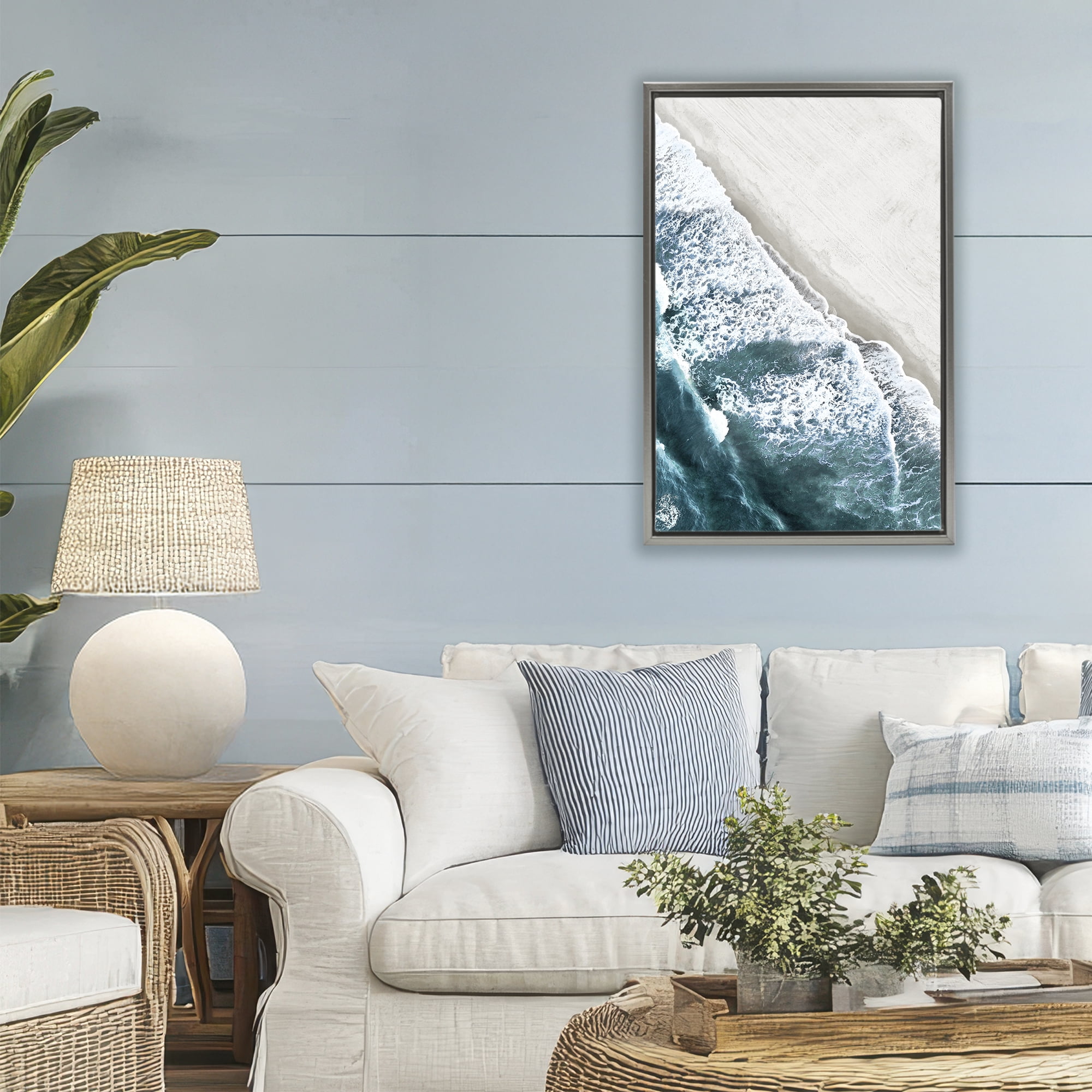 Stupell Industries Corolla Beach Breezy Shoreline Gray Framed Floater Canvas Wall Art, design by Natalie Carpentieri