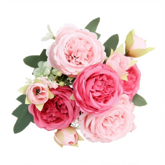 Artificial Flower Bouquet with 5 Large Persian Roses and 4 Buds, 12.6 Inch, Pink and Hot Pink, for Wedding Table Decor