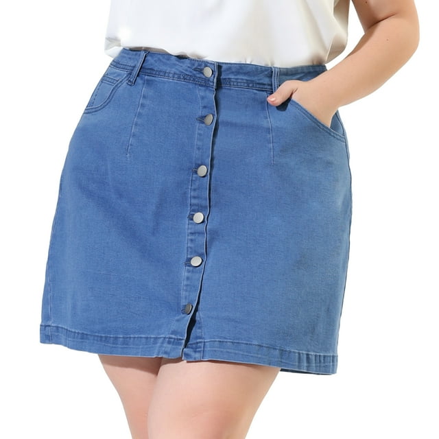 Unique Bargains Jupe Mini en Denim pour Femme Grande Taille à Boutons, Ligne A, Fente Rétro, avec Poches