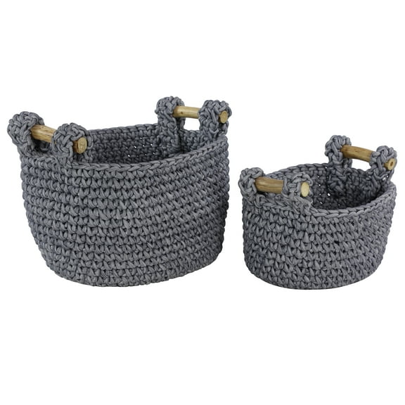 DecMode 13", 11"H Gray Polyester Handmade Storage Basket with Handles, 2-Pieces