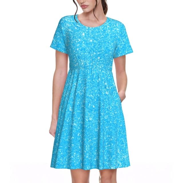 Balery Sky Blue Glitter Vestidos sueltos de manga corta para mujer, vestidos de verano 2025, vestidos casuales de corte A con vuelo.