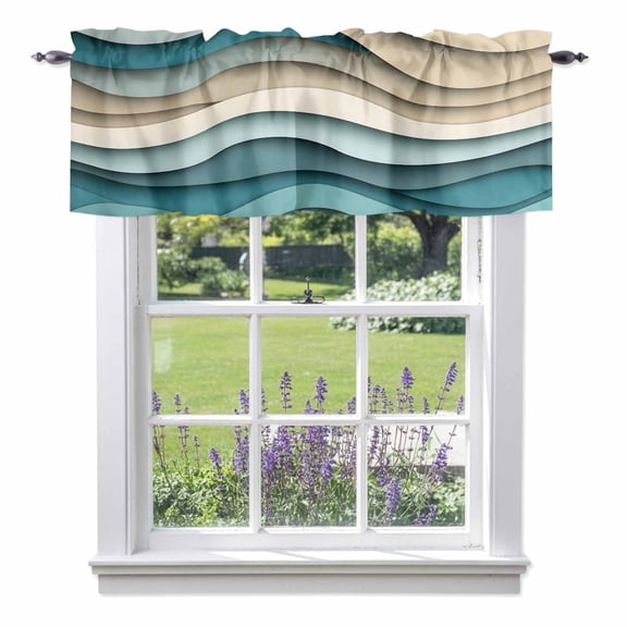 Teal Beige Ombre Kitchen Curtain Valances for Windows Farmhouse Short Curtains, Moire Modern Abstract Art Geometric Rod Pocket Valance Curtain for Bedroom Cafe Living Room