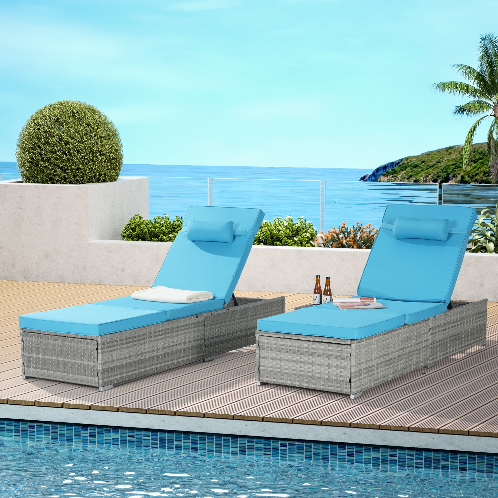 2 Pack Outdoor Rattan Reclining Chair, 6 Position Adjustable Backrest Patio Leisure Chair with Steel Frame, Gray Lake Blue