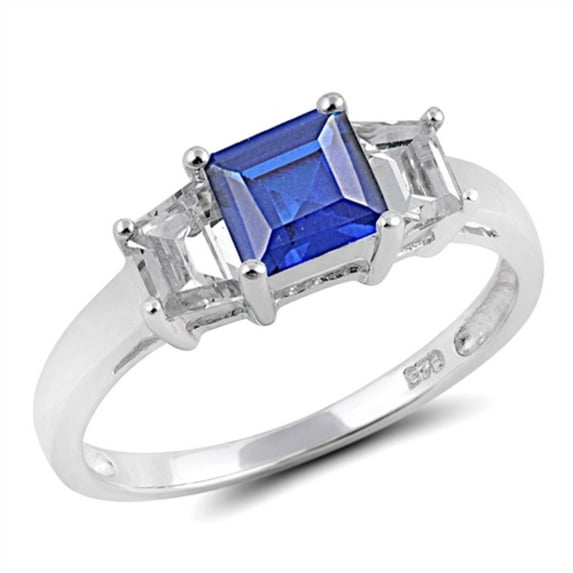 Three Stones Square Simulated Sapphire Cubic Zirconia Ring Sterling Silver 925