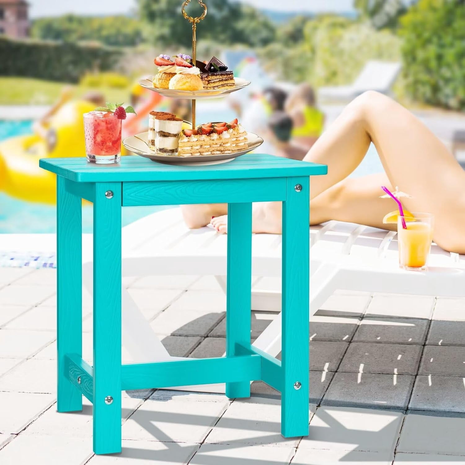 Y&M Outdoor Side Table, HDPE Patio End Table for Adirondack Chair, Weather Resistant Small Accent Table, Aruba Blue, Single Layer