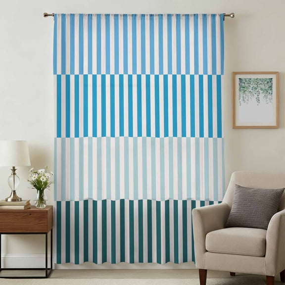 Colorful Stripe Sheer Curtains 54 Inches Long, Modern Teal Blue Green Vertical Striped Light Filering Curtains, Breathable Simi Curtain Privacy Drapes for Kitchen Bathroom Small Window Treatment