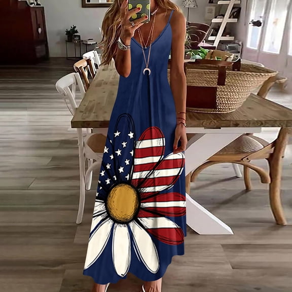 Vetsdori Women's American Flag Maxi Dress Fourth of July Backless Slip Dress Tank Summer Red White and Blue,Ankle Length Casual Dress for Women Outfits