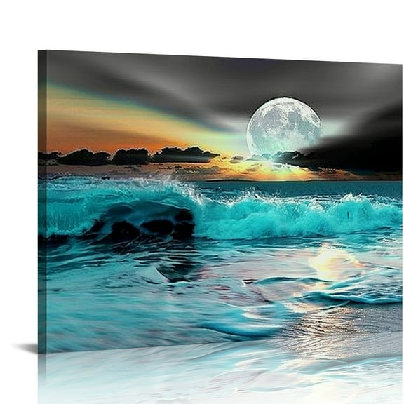 BCIIG Teal Grey Coastal Beach Canvas Wall Art Black and White Blue Sea Ocean Moon View Nature Landscape Large  Décor Seaside Waves Modern Home Print Painting for Office 20x16in