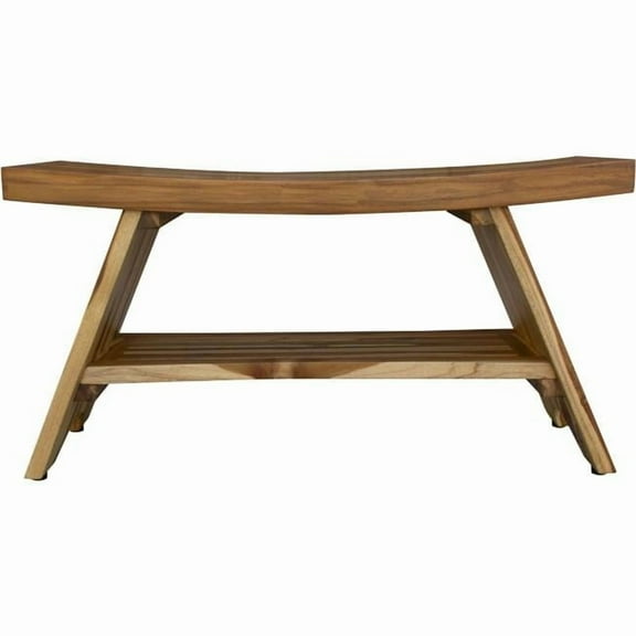 Compact Curvilinear Teak Shower Outdoor Bench with Shelf - Natural Finish