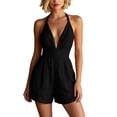 thumbnail image 3 of Tqcoqu Women's Halter Neck Deep V Tie Back Romper With Pockets,Backless Waistband Summer Casual Short Romper,Black Women's S-XXL, 3 of 10