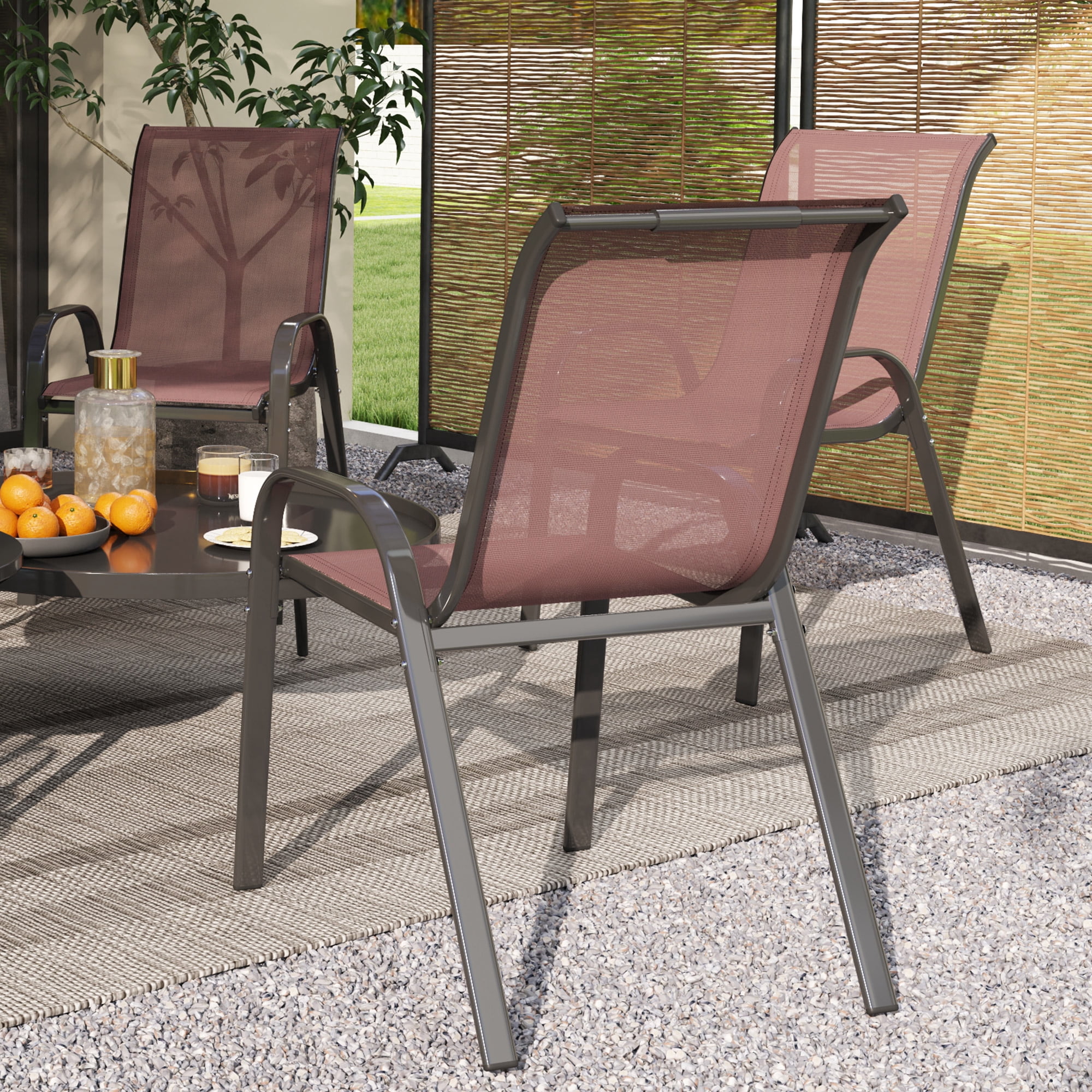 Outdoor Dining Chairs Set of 4, Stackable Outdoor Patio Chairs with High Back, Breathable Mesh Seat for Garden Lawn Backyard, Brown
