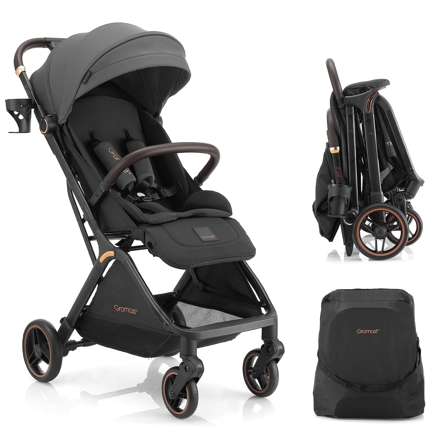 Gravity Folding Baby Stroller - Portable Toddler Stroller w/Adjustable Backrest & Canopy, Lightweight and UV Protected Travel Stroller, One-Hand Automatic Folding - Dark Gray
