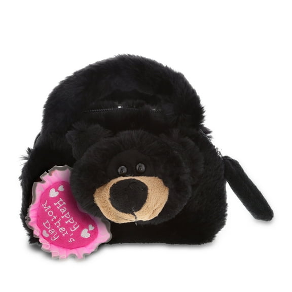 DolliBu Happy Mother's Day Super Soft Plush Black Bear Handbag - Cute Stuffed Animal Purse with Pink Heart Message for Best Mommy, Grandma, Wife, Daughter - Cute Wild Life Plush Handbag Gift - 7 Inch