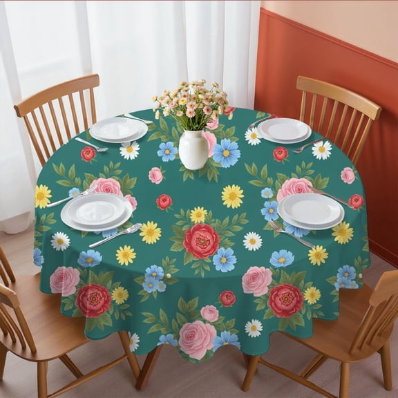Pioneer Flower Floral Print Pattern Round Tablecloth 60 X 60 Inch, Wrinkle Resistant Wipeable Table Cloth for Kitchen Dining Picnic Patio Party
