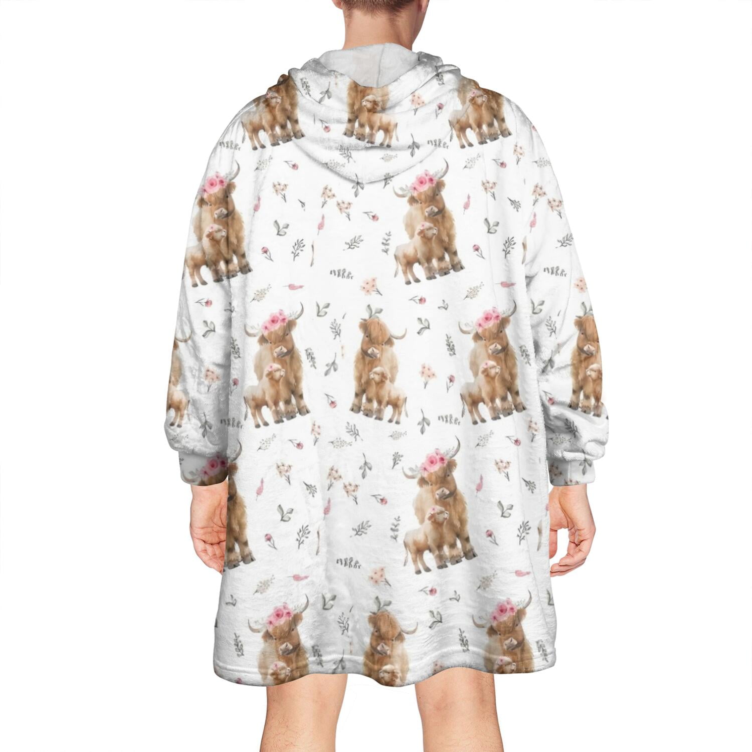 White Highland Cow Floral Pattern Wearable Oversized Blanket,Wearable Blanket Hoodie for Adults,Cozy Hooded Blankets with Super Pockets,Super Warm Fuzzy Pullover for Women & Men