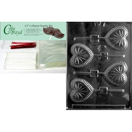 Crystal Lollipop - Cybrtrayd 45StK25R-V089 Crystal Heart Lolly Valentine Chocolate Candy Mold with Lollipop Supply Bundle, Includes 25 Lollipop Sticks, 25 Cello Bags, 25 Red Twist Ties, Instructions