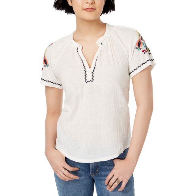 Camiseta henley Lucky Brand con Manga bordada para mujer color blanco roto extra pequeña