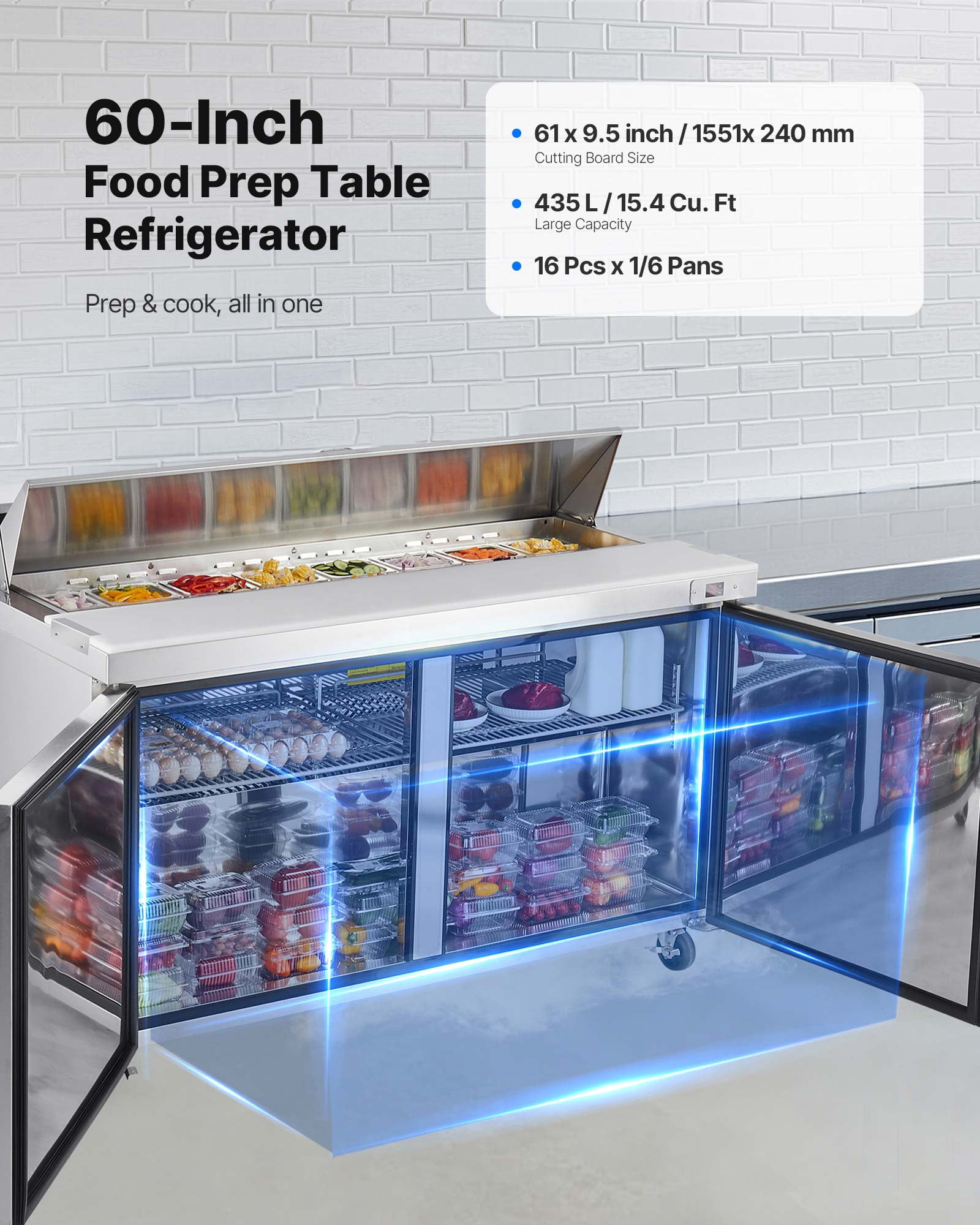 VEVOR 60 Inch W Commercial Refrigerator, 15.4 Cubic Feet Sandwich Prep Refrigerated Table, Ultra Top Food Prep Refrigerator with 16 Pans & Cutting Boards