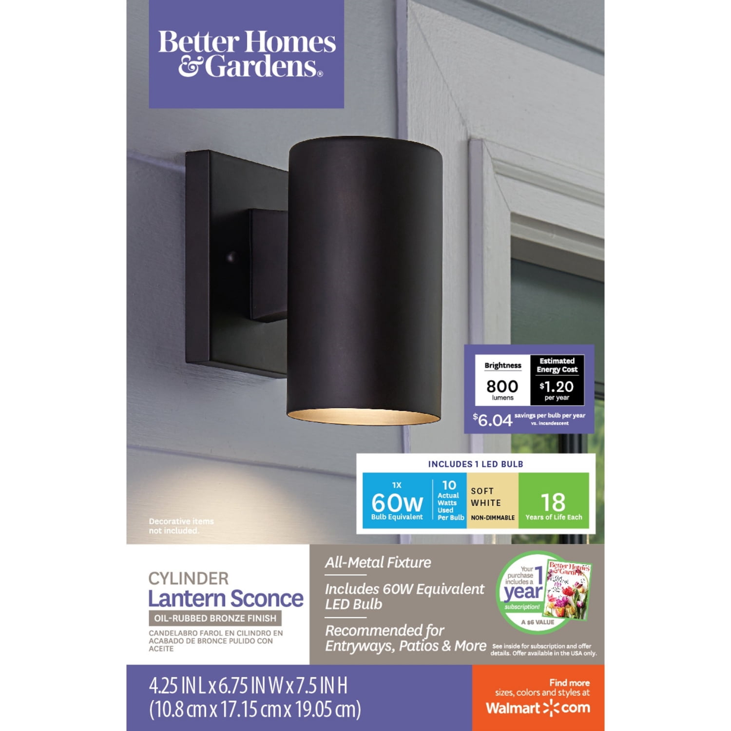 BH&G Stylish Cylinder Sconce Wall Light, E26 Base, Indoor/Outdoor Lighting Fixture, A19 60W Eqv