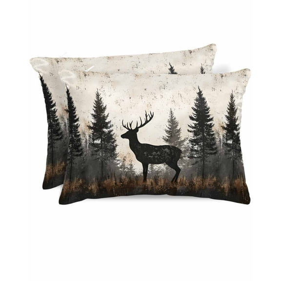 Hokiten Pillow Cases Queen Size Set of 2, Couch Pillow Covers, Black Elk Satin Pillowcases with Zipper for Hair/Skin, Pillow Protector Cover, Forest Impressionist Animal Forest Reindeer 20x30 Inches