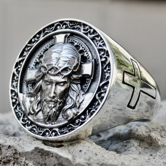 Vintage Silver Christian Catholic Jesus Cross Rings for Men Religious Lords Prayer Signet Band Ring for Baptism Christmas Communion Easter
